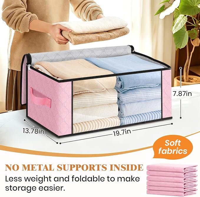 Fab totes 35L Closet Organizers and Storage, Foldable Under Bed Storage Containers, Storage bags for Organizing Bedroom, Closet, Clothing,Organization with Handle (6 Pack,Pink)