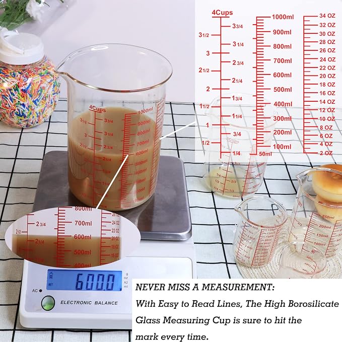 High Borosilicate Glass Measuring Cup-V-Shaped Spout，Glass Measuring Beaker for Kitchen or Restaurant, Easy to Read, 1000 ML (32 Oz, 4Cup)