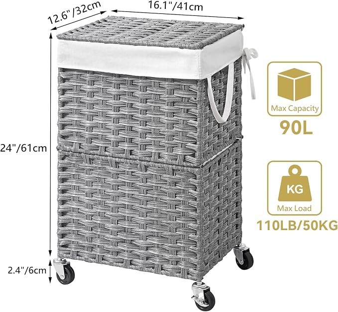 Chrislley Wicker Laundry Basket with Wheels,Rolling Laundry Hamper with Lid | 90L Slim Clothes Hamper with Wheels & Removable Liner Bag, Handwoven Rattan Laundry Organizer for Bedroom, Bathroom, Grey