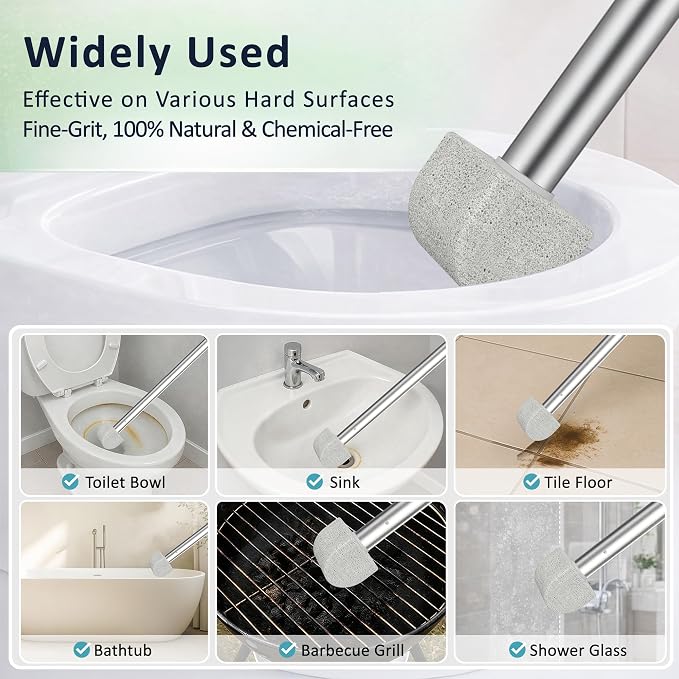 17" Pumice Stone Toilet Bowl Cleaner, 8 Heads – Non-Scratch | 100% natural high-density pumice. Removes limescale, rust & hard water stains without scratching porcelain.