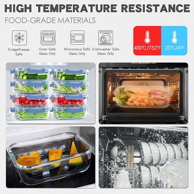 UMEIED 10 Pack Glass Food Storage Containers with Lids Leakproof, Airtight Glass Meal Prep Containers For Lunch, On The Go, Leftover, Dishwasher Safe