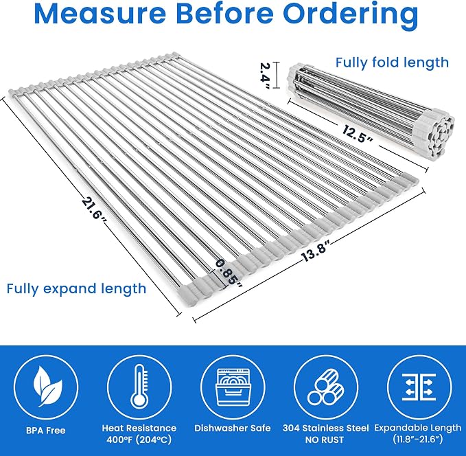 304 Stainless Steel Roll Up Dish Drying Rack | Adjustable Over The Sink Dish Drying Rack for Kitchen, 10"-20" Foldable Dish Rack for Drying Dishes & Draining Items