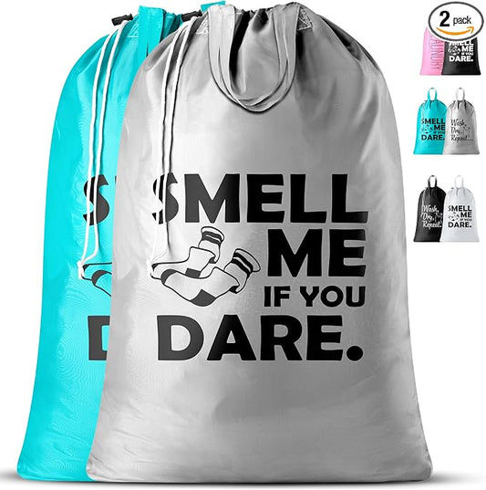 Extra Large Travel Laundry Bag - 2-Pack Fun Print Design Bags for Dirty Clothes - Durable Water-Resistant Fabric - Sturdy Drawstring Closure (Teal-Grey | Smell Me If You Dare)