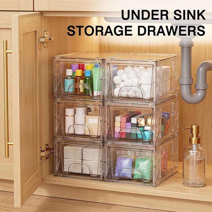 Stackable Storage Drawers 6 Pack 4.4in Clear Medicine Bins Organizer