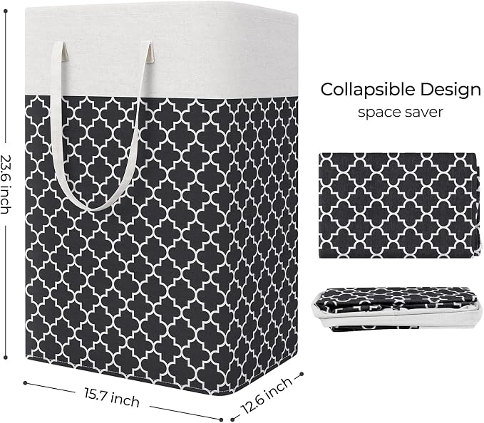 StorageRight Laundry Basket Hamper, 75L Clothes Storage, Clover Black | Freestanding Clothes Hampers, Foldable design, with Easy Carry Handles, For Laundry, Bedroom, Dorm, Clothing, Towels, Toys