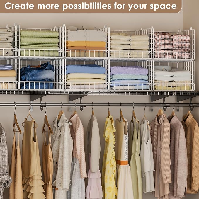 6-Tier Stackable Closet Organizers and Storage Baskets, Closet Shelf Organizer for Small Space, Space-Saving closet organizer system, Foldable Clothes Storage Bins for Closet Organizer System, White