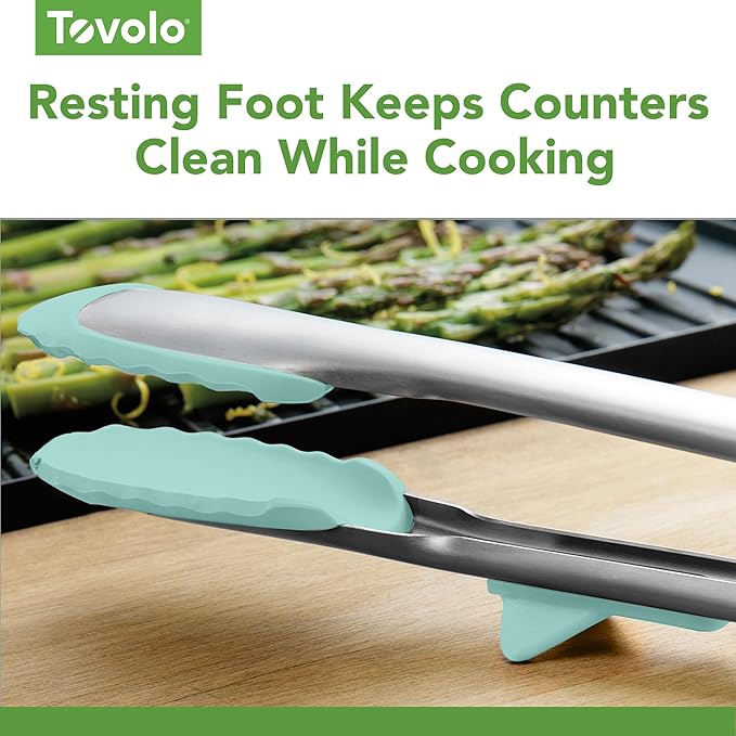Tovolo Tongs With Silicone Tips Easy Grip 13” Long Kitchen Tongs Stainless Steel Handle For Cooking, Non Scratch Heat Resistant Metal Silicone Tipped Dishwasher Safe BPA Free Aqua Seafoam Green