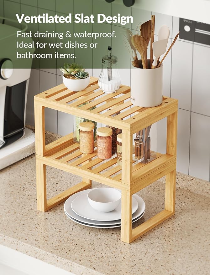 Tomorotec Bamboo Cabinet Organizer Shelf, 2 Pack Stackable Kitchen Counter | Slatted Drainage Top Prevents Water Buildup For Wet Dishes and Bathroom Use Eco Friendly Material Easy Assembly