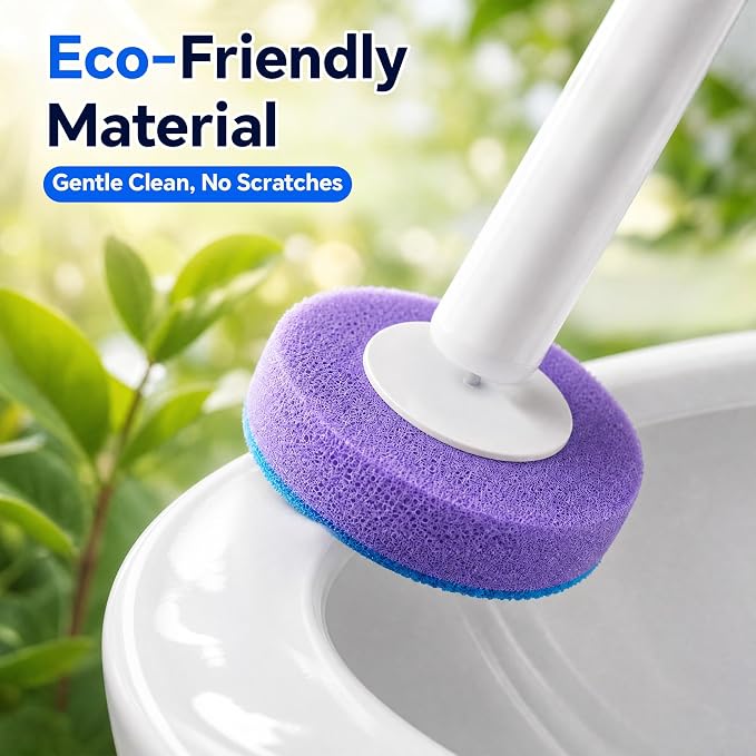 Disposable Toilet Brush and Holder Set - Hands-Free Eject Sponge Toilet Wand with Floor Standing Caddy, Secure-Lock Hangable Toilet Scrubber (2 Toilet Brush + 28 Refills)