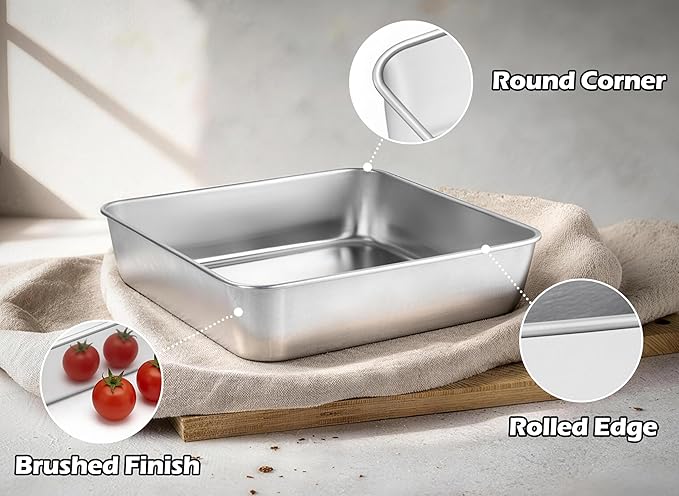 Leonyo Stainless Steel 8x8 Baking Pan, 4 Pack Metal 8IN x 8IN Square Cake Pans, Commercial Brownie Pans Baking Dish for Cornbread, Banana Bread, Lemon Bars, Dishwasher Safe