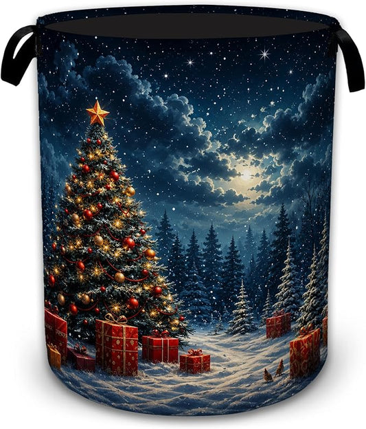 Christmas Tree Collapsible Laundry Hamper for Bedroom，Winter Night Freestanding Oxford Clothes Basket, Large Foldable Storage Bin with Easy-Carry Handles for Bathroom Dorm Laundry Room