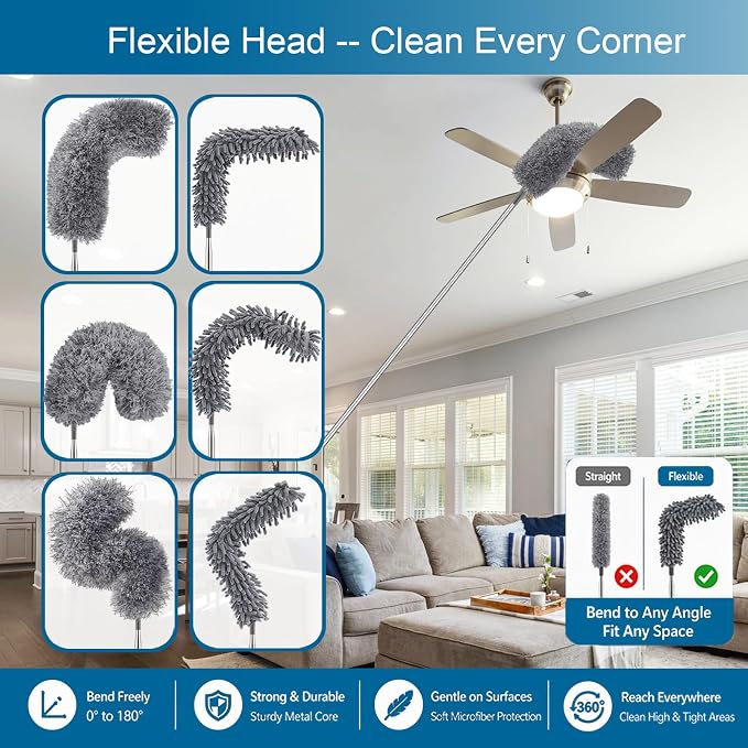 Microfiber Feather Duster, Duster with Extension Pole 30-100 Inches,Ceiling Fan Cleaner Duster Retractable Gap Dust Brush Cleaner for Cleaning Cobweb,High Ceiling,Blinds, (Dark Gray) | Ceiling Fan Cleaner Duster Retractable Gap Dust Brush Cleaner for C...