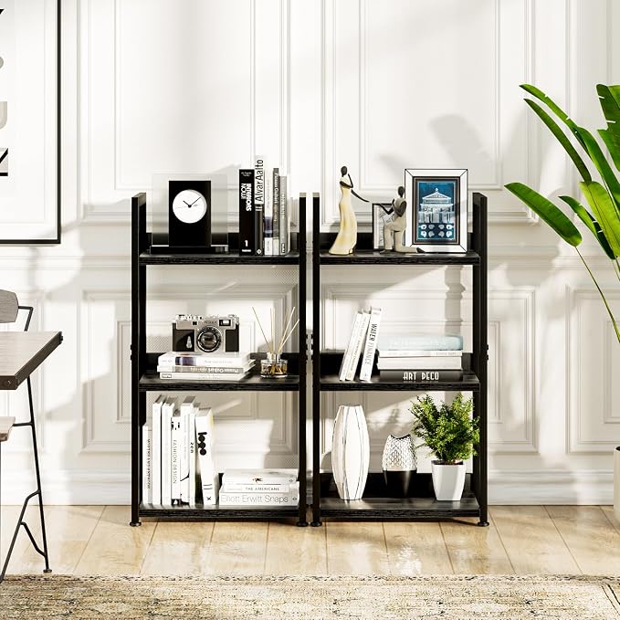 NUMENN Narrow Bookshelf, 3 Tier Freestanding Shelving Unit, Black | Small Book Shelf for Small Spaces, Metal Frame & Wood Shelves, Falling Prevention Baffle, Bookcase for Bedroom&Home Office