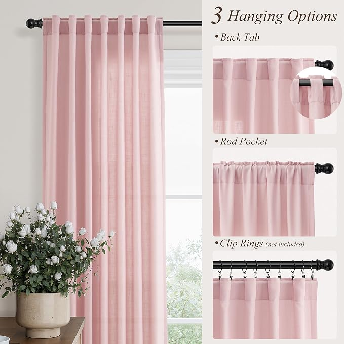 Hokibero Pink Linen Curtains 96 Inches Long Drape for Living Room 2 Panels | Light Filtering Semi Sheer Curtain, Back Tab Rod Pocket Pleated Look, Pink Drapes for Bedroom Nursery Privacy, Boho Farmhouse