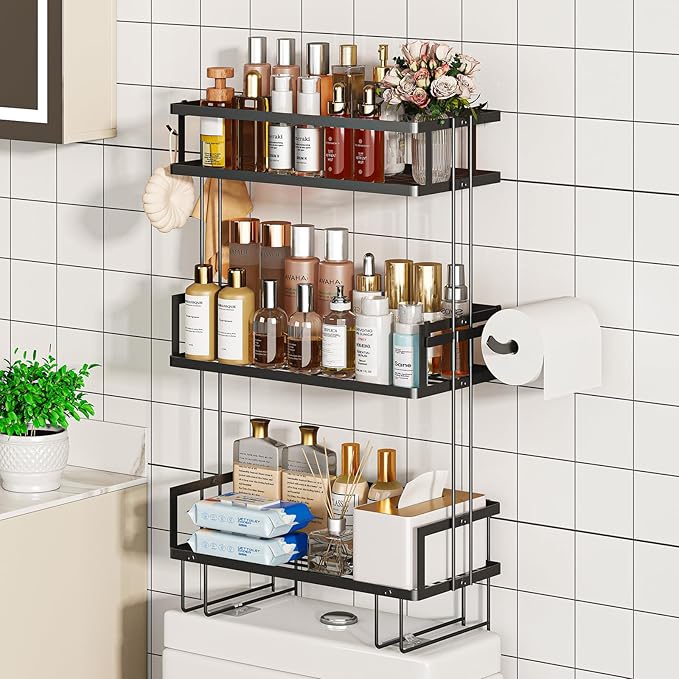 Godboat 3-Tier Over Toilet Storage Shelf, Wall-Mount with 2 Hook/Paper Rack | Bathroom Organizers and Storage Cabinet, Behind/Above/On/Top/Back Tank Shelves, Decor for Bathroom/Restroom/Kitchen/Bedroom