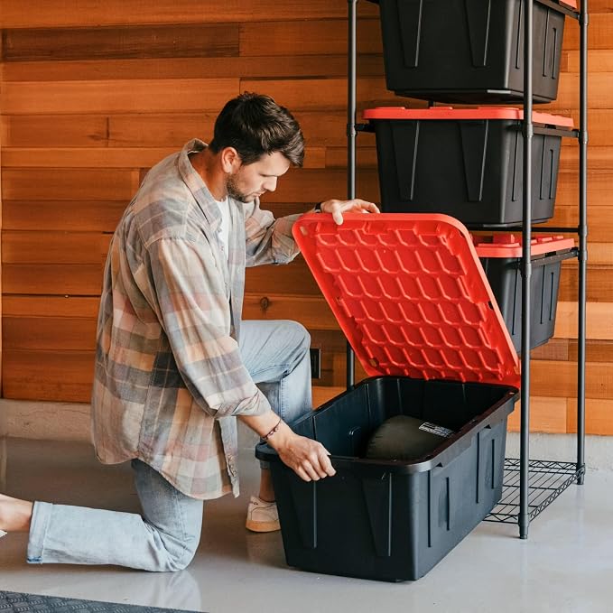 CleverMade Tote Tower, 5-Tier Rack for 27-Gallon Totes, Black | Individual rails let 5 totes slide out without unstacking. Powder-coated steel supports 50 lb per shelf and 250 lb total.