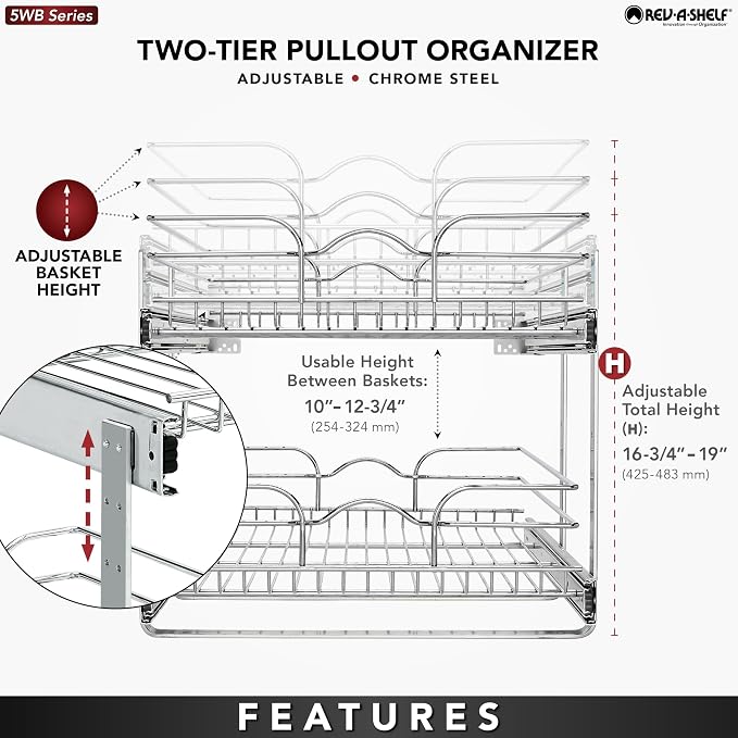 Rev-A-Shelf Pullout Organizer for Cabinets, Min Opening Width of 18" | STwo-Tier Steel Shelf for Kitchen or Vanity Cabinet Organization, Heavy Gauge Wire Slide Out Storage Basket, 5WB2-1822CR-1