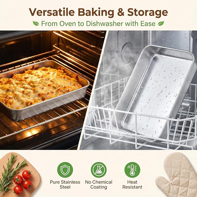 E-far Toaster Oven Baking Pan with Lid, 10.4”x 8”x 2” Stainless Steel Rectangle Sheet Cake Pans with Covers, Small Bakeware for Cakes Brownies Casseroles, Non-toxic & Dishwasher Safe -Set of 2