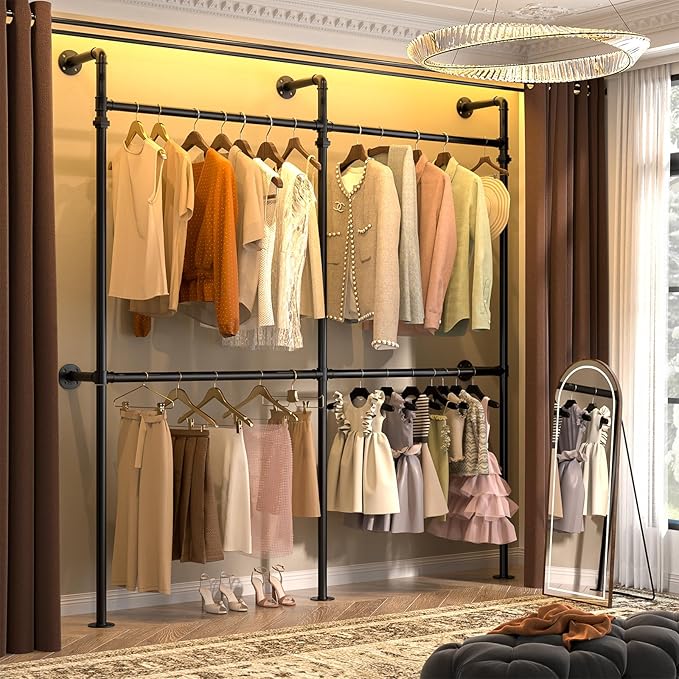 Aheaplus Industrial Pipe Clothing Rack, Reversible 6.75FT Clothes Rack for Hanging Clothes, Heavy Duty Garment Racks, Wall Mounted Closet Wardrobe Racks, Corner L Shaped Walk-in Closet System, Black