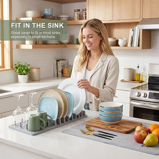 2-in-1 in Sink Dish Drying Rack with Dish Drying Mat,Collapsible Dish Drying Rack with Mat,Space-Saving Dish Rack for Kitchen Counter,Quick Dry Dish Drainers for Kitchen Sink (Grey White)