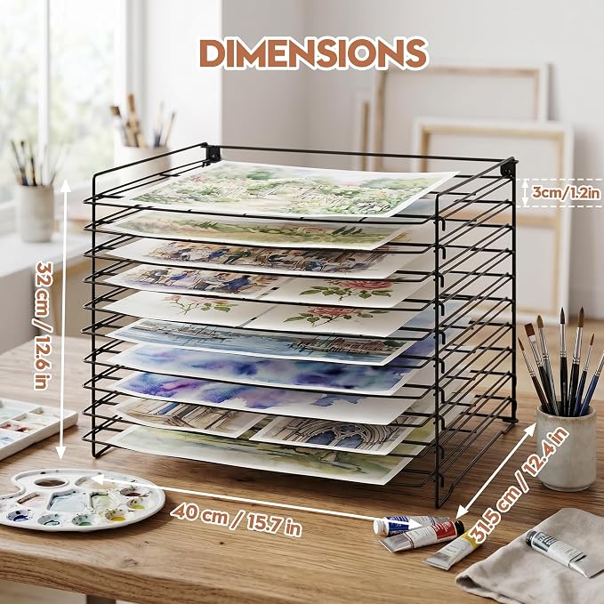 Wall Mount & Tabletop Art Drying Rack for Classroom, Art Storage Rack for Painting Canvas with10 Removable Shelves, Pizza Stone Pan Rack, Desk Organizers, Vinyl Roll Storage Holder