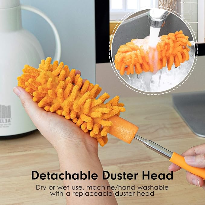 Duster for Cleaning, 10-29" Extension Pole, 4 Washable Heads, Yellow | Microfiber Heads, Wet Or Dry, Detachable, Hand Washable, Easy Storage, For Cars, Offices, Windows, Furniture And Ceiling Fans