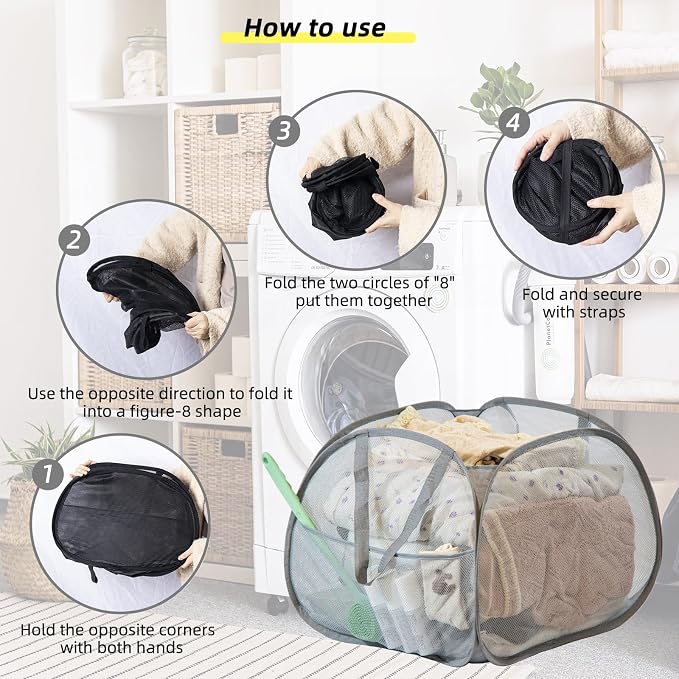 Collapsible Laundry Basket, 90L Mesh Pop-up Hamper with Handles | Foldable Storage Clothes Bag for Laundry, Bathroom, Dorm, Travel, Camping, Space-saving, Gray
