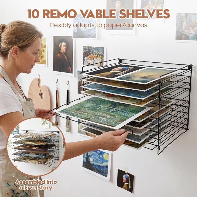 Wall Mount & Tabletop Art Drying Rack for Classroom, Art Storage Rack for Painting Canvas with10 Removable Shelves, Pizza Stone Pan Rack, Desk Organizers, Vinyl Roll Storage Holder