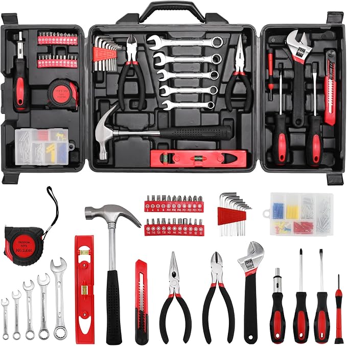 TLGREEN 147-Piece Small Tool Kit with Storage Case, Red | Home Repair Tool Kit with Screwdrivers, Wrench, Pliers And Utility Knife; Maintenance And Roadside Tasks in One Case