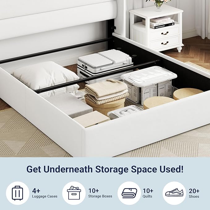 Allewie Full Size Lift Up Hydraulic Storage Bed Frame White | Modern Wingback Headboard, Hydraulic Support Storage, No Box Spring Needed