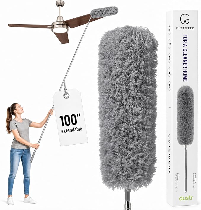 GÜTEWERK Extendable Microfiber Duster, 100 Inch - Feather Dusters for Cleaning Ceiling Fans, Blinds, Baseboards & High Ceilings - Washable, Electrostatic, 360° Bendable Head, Stainless Steel Pole