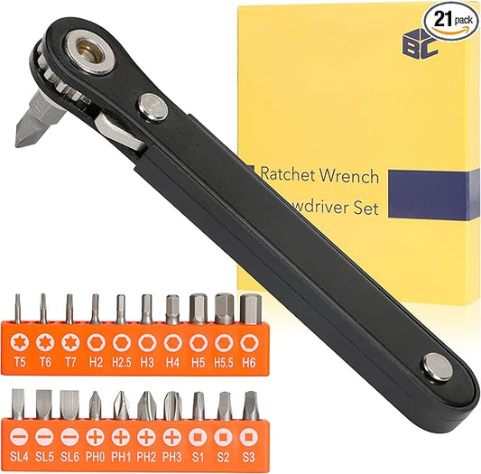 Bates- Low Profile Right Angle Screwdriver with Drill Bits Set, 21 pcs, 1/4" Mini Ratchet Screwdriver with Torx, Hex, Phillips, Flat and Square Bits for Tight Spaces