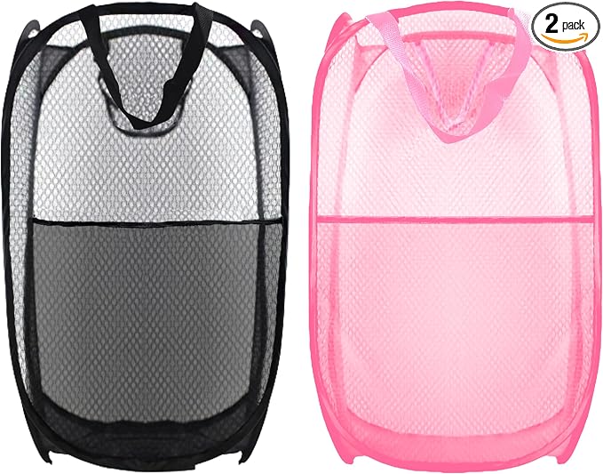 Collapsible Pop Up Laundry Hamper, Extra Large Mesh Foldable Laundry Basket Bag, 28" x 16" x 16", 2 Pack (Black + Pink)