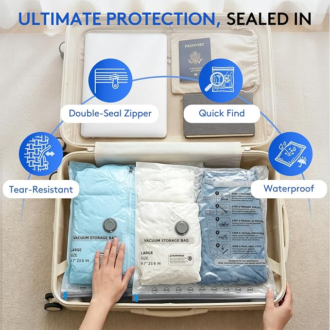 6 Packs Vacuum Bags for Travel with Rechargeable Pump, 3 Sizes Vacuum Seal Bags for Clothing, Compression Vacuum Travel Bags for Luggage, Vacuum Packing Bags for Closet Organization