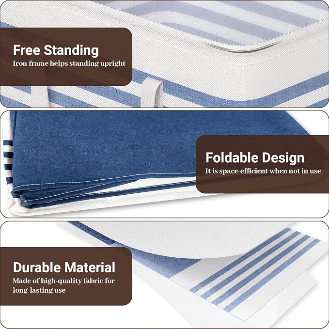 WOWBOX 2 Pack Laundry Baskets, Laundry Hampers, Freestanding Dirty Clothes Hampers with Reinforced Handles & Cross Stitch & Waterproof Coating, for Laundry Bedroom Bathroom Dorm,88L Blue