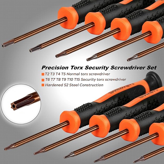 TEKPREM 10 in 1 Small Torx Screwdriver Set of T2-T15, T2 T3 T4 T5 T6 T7 T8 T9 T10 T15 Torx Security Bits Complete Star Repair Kit for Apple,Macbook,Xbox,PS3,PS4,PS5,Ring Doorbell, Computer,Knives