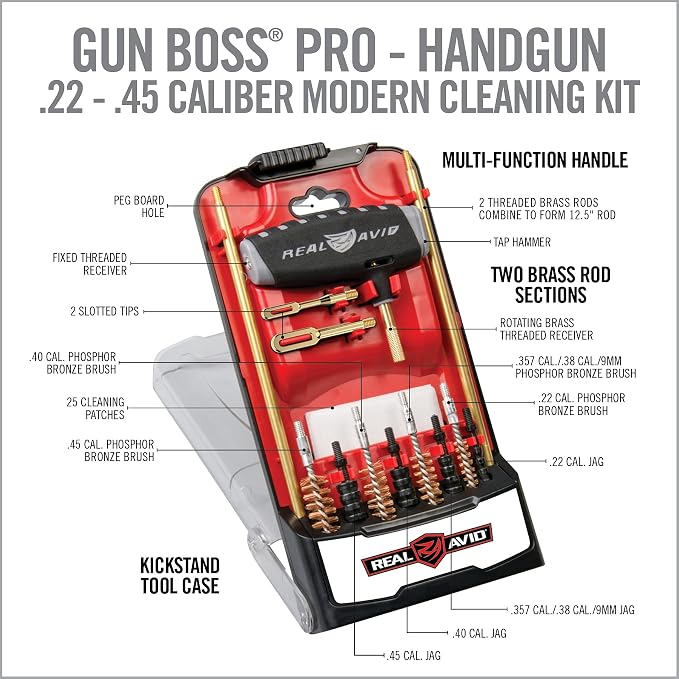 Real Avid PRO Handgun Cleaning Kit – Multi-Caliber Pistol Cleaning Kit for .22, 9mm, .357, .38, .40, .44 & .45 – Brass Rod, Bore Brushes, Jags, Patches & Crush-Proof Range Case