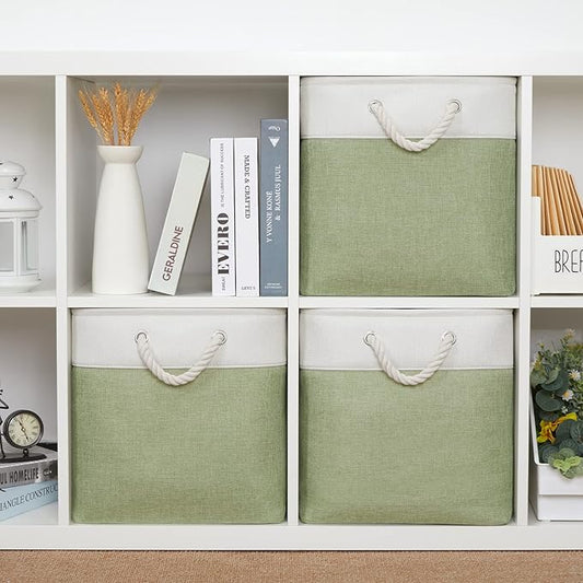 Bidtakay Cubby Storage Bins Set of 3 Fabric Baskets for Shelves Closet Drawer Organizer Storage Cubes 13x13 Collapsible Organization Baskets for Nursery Toy Shelf (White&green)