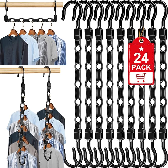 24 Pack Hangers Space Saving Magic Space Saver Smart Plastic Hangers Black | Clothes Hanger Organizer Closet Organizers and Storage for Closet Wardrobe Apartment College Dorm Room Essentials