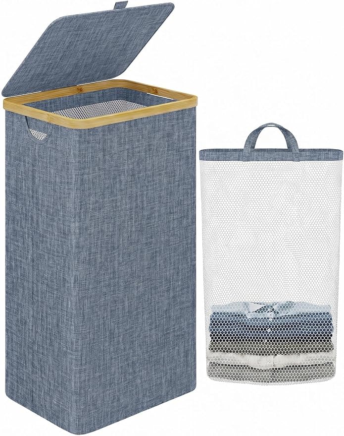 IEGrow Laundry Hamper with Lid,110L Laundry Basket with Mesh Bag,Blue | Dirty Clothes Hamper Basket with Bamboo Handle for Clothes Towels Organization