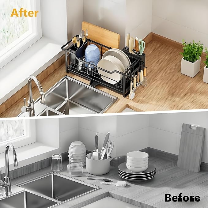 AIDERLY Narrow Dish Drying Rack Dish Drainer, Black | Auto Drain, Iron Construction, Removable Cutlery Basket, For Kitchen Counter