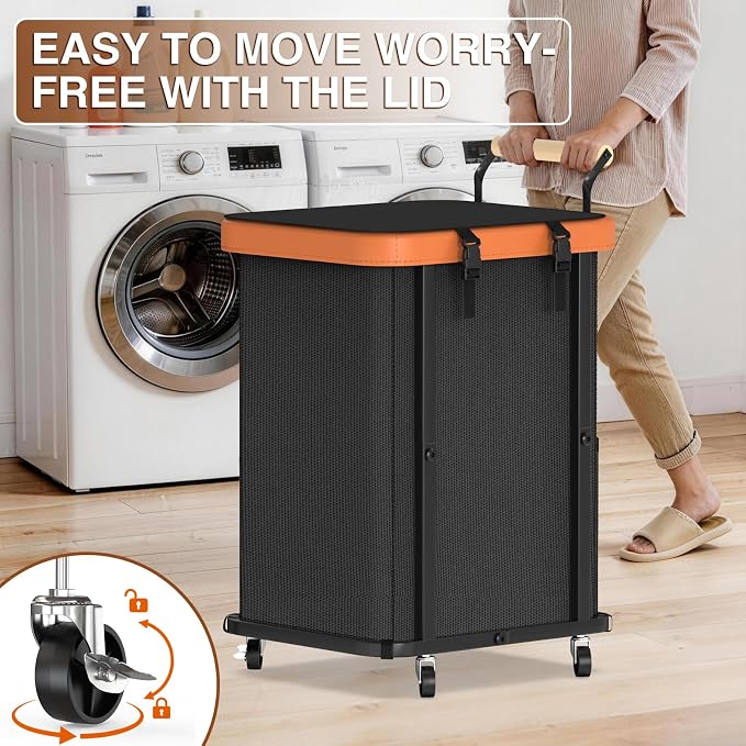Laundry Hamper with Lid,Leather Patchwork Laundry Basket with Wheels 40Gal | Rolling Laundry Basket with Bag & Handles,Laundry Basket Organizer for Laundry Room,and Bathroom,Laundry Room - Black
