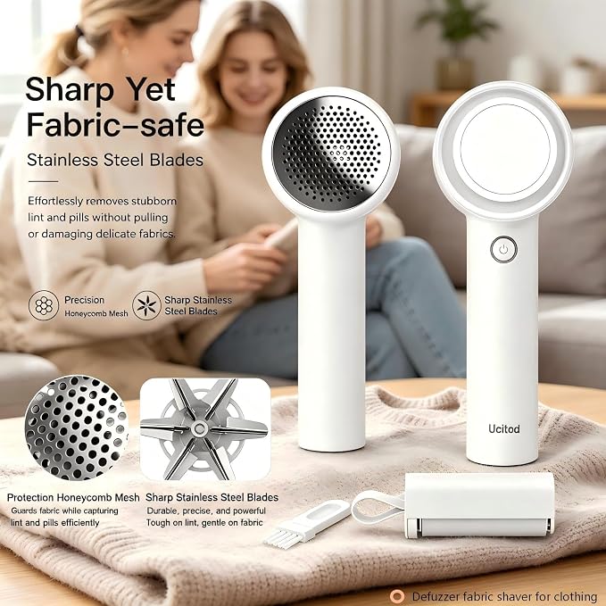 Ucitod2 in 1 Lint Remover Shaver and Lint Roller,Rechargeable Fabric Shaver | Long Battery,EasyClean,Multi-Fabric Compatible,Safe Fabric Shaver,Detachable transparent storage box,Fast Type Charging-white