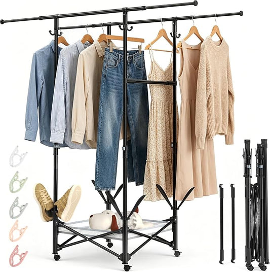 Portable Foldable Clothes Drying Rack - Adjustable Double Extendable Rods (33.1” to 56.7”) -Portable Coat Rack for Travel, Camping, Drying, RV, Indoor, Outdoor, Easy Assemble (Black)