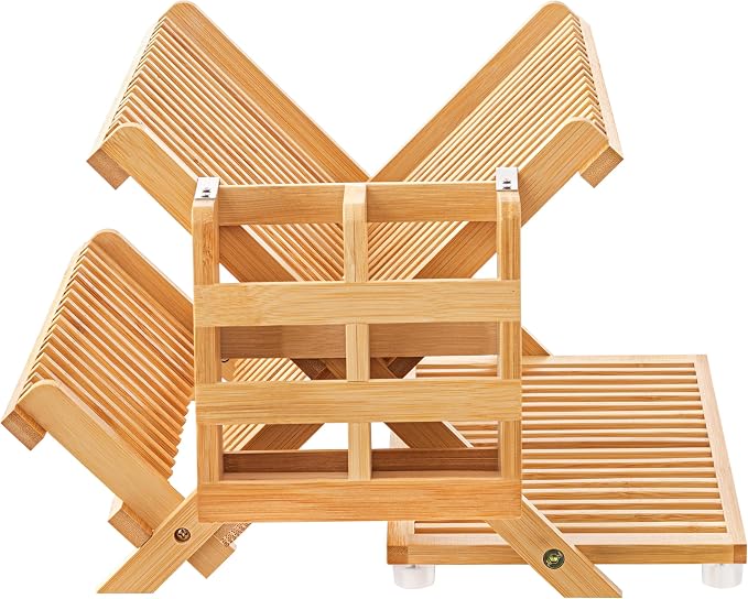 Bamboo Dish Drying Rack with Utensil Holder, 3 Tier Collapsible Dish Rack for Kitchen Counter, Large Folding Drying Holder, Dish Drainer, Kitchen Organizers and Storage
