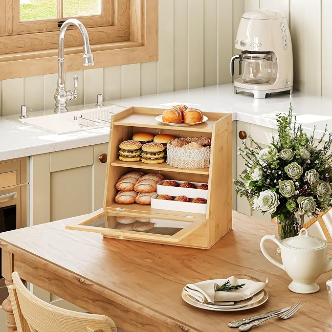 HOOBRO Bread Box, Bamboo Bread Box for Kitchen Countertop, 2-Tier Bread Storage Container with Drawer, Bamboo Food Cabinet with Acrylic Door, for Kitchen, Dining Room, Natural YL21MB01