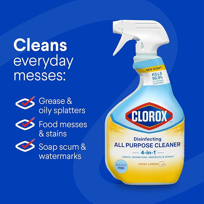 Clorox Disinfecting All-Purpose Cleaner, 32 fl. Oz., and Bathroom Cleaner, Bleach Free, Household Essentials, Cleans Dirt and Grime Off Most Surfaces and Countertops, 32 fl. oz.