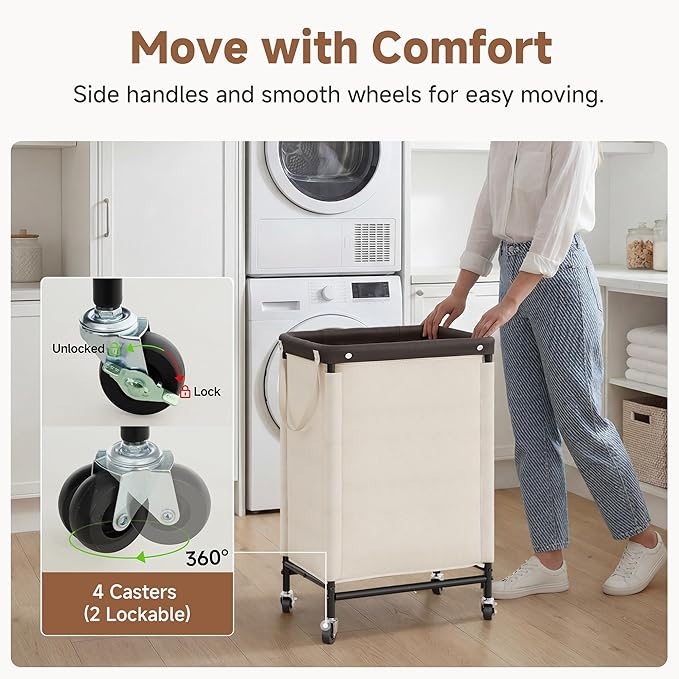 StorageWorks Laundry Hamper with Wheels and Removable Liner Bag, Beige, 90L