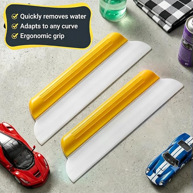2 Pack 14 Inch Car Drying Squeegee, Yellow Flexible Silicone Water Blade for Window Shower, Auto T-Bar Rubber Wiper for Windshield & Bathroom