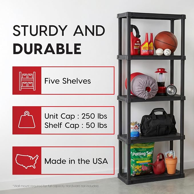 IRIS USA Plastic Storage Shelves |Made in USA| 64"H x 24"W x 12"D - Black | Light Duty Rack Organizer, 250lb Total Capacity, 50lb Per Shelf, Shelving Unit for Bathroom, Laundry, Home & Pantry